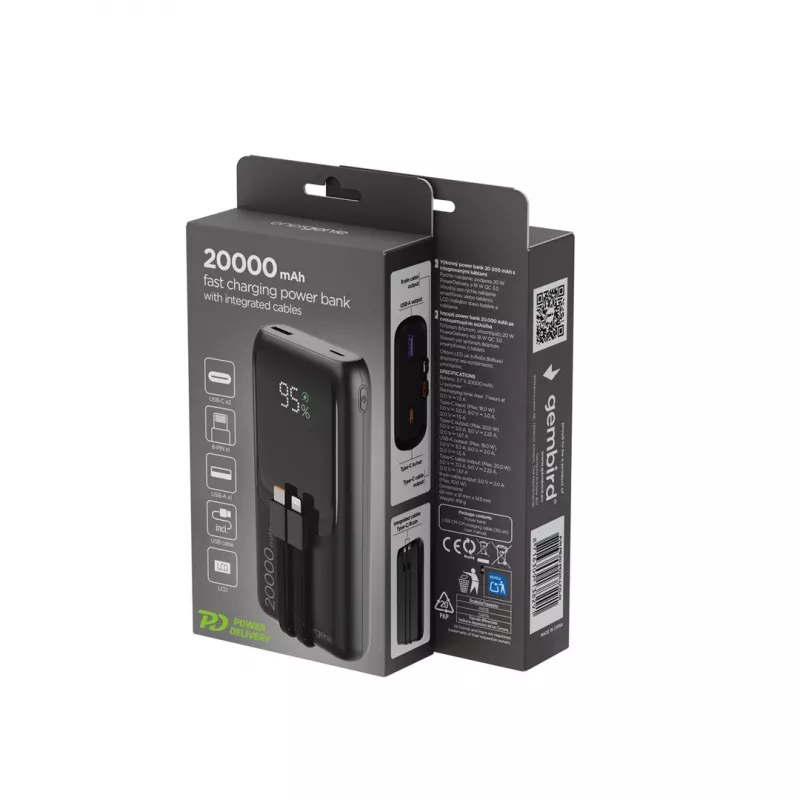 Gembird PB20-PD20-LCD-01 Batería externa de carga rápida con cables integrados, 20 W, 20000 mAh, negra