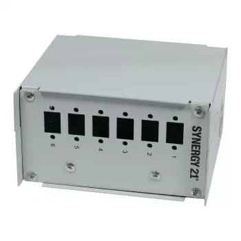 Panel de parcheo de fibra óptica Synergy21 para carril DIN, 6x adaptador LC-Duplex/SC-Simplex, sin acopladores, gris claro (RAL 7035)