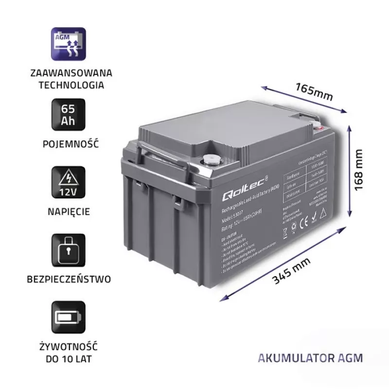 Batería AGM Qoltec 53037 12V 65Ah máx 780A