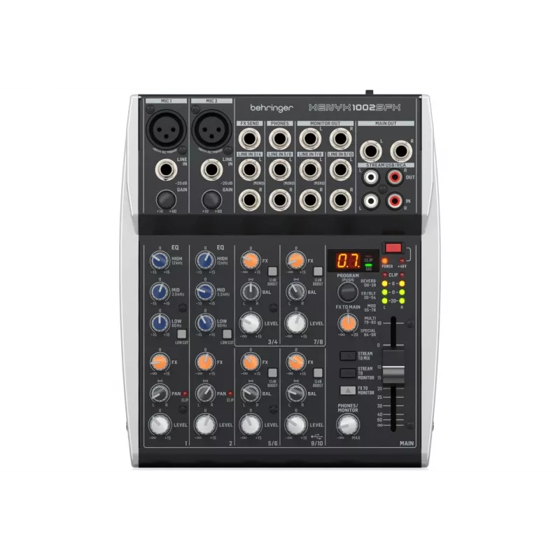 Mesa de mezclas Behringer XENYX 1002SFX con 10 entradas, 2 previos de micrófono XENYX, EQ de 3 bandas, procesador de efectos KLARK TEKNIK, 100 presets