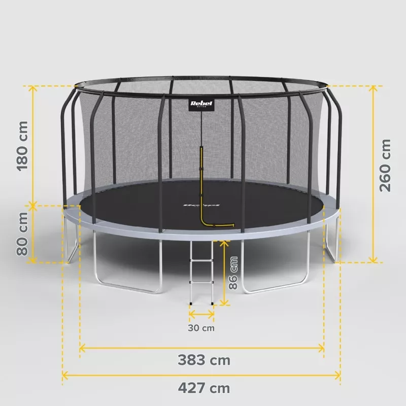 REBEL Active Trampolín PRO 14ft/427 cm con red de seguridad y escalera