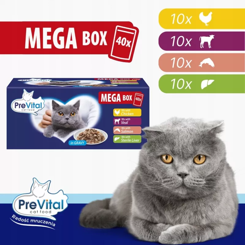 PREVITAL Mega Box ternera, salmón, hígado, pollo - comida húmeda para gatos - 40x100g