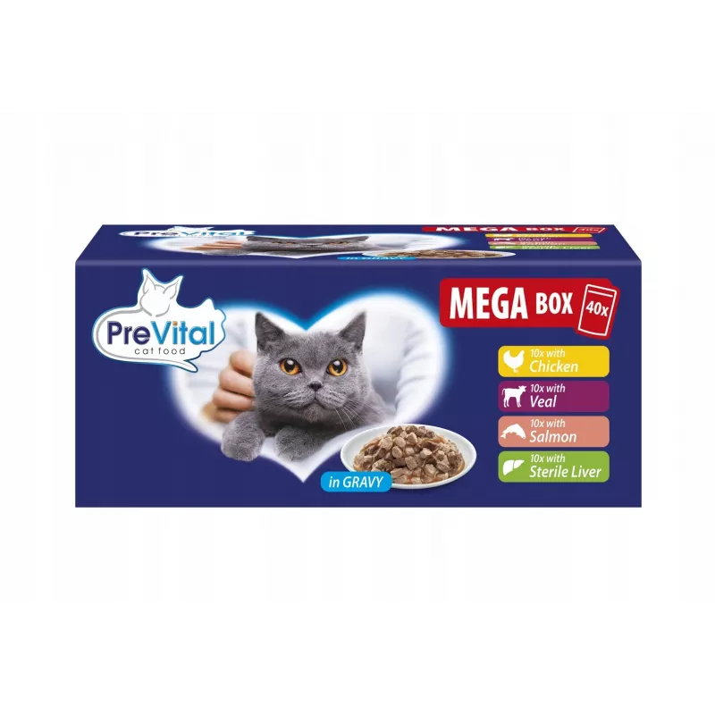 PREVITAL Mega Box ternera, salmón, hígado, pollo - comida húmeda para gatos - 40x100g