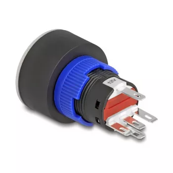 Pulsador de montaje empotrado Delock 22 mm, plano, LED rojo, conexiones de soldadura, 1 NO, 230 V AC/DC