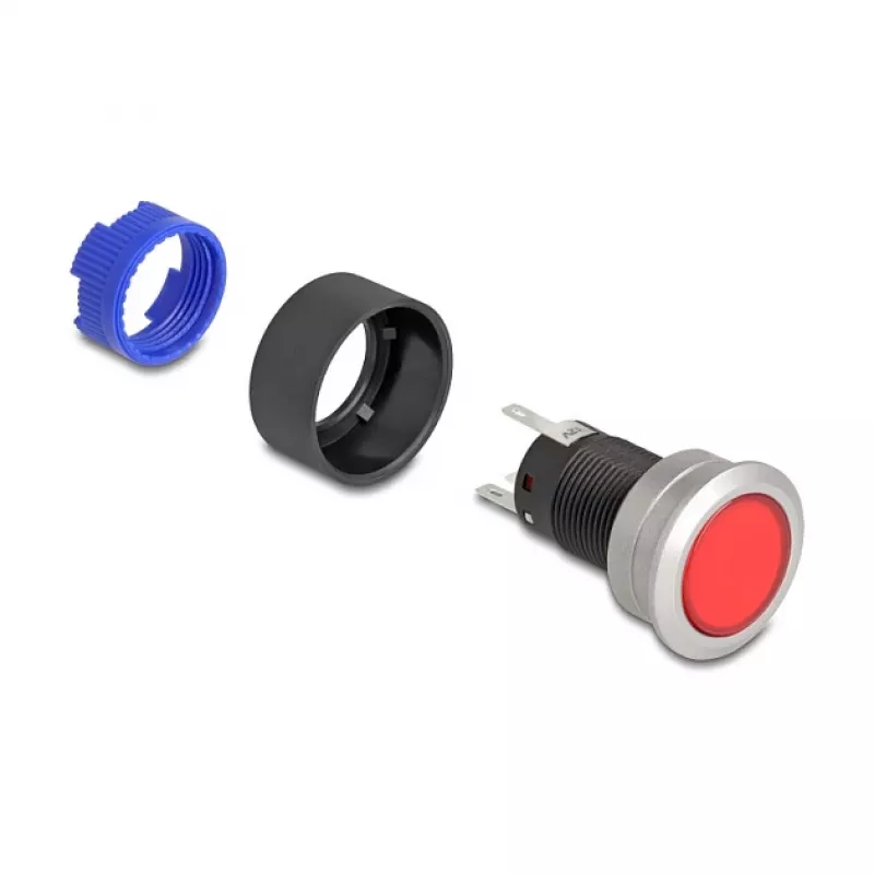 Pulsador de montaje empotrado Delock 22 mm, plano, LED rojo, conexiones de soldadura, 1 NO, 230 V AC/DC