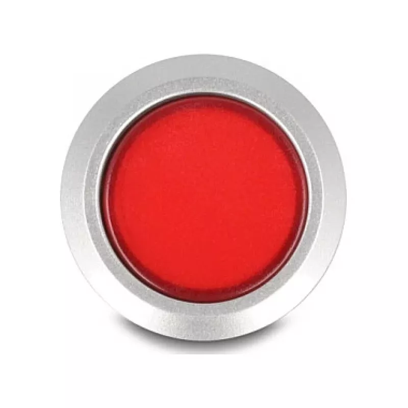 Pulsador de montaje empotrado Delock 22 mm, plano, LED rojo, conexiones de soldadura, 1 NO, 230 V AC/DC