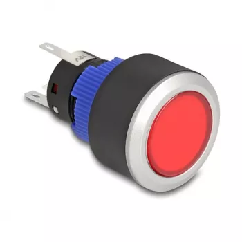 Pulsador de montaje empotrado Delock 22 mm, plano, LED rojo, conexiones de soldadura, 1 NO, 230 V AC/DC