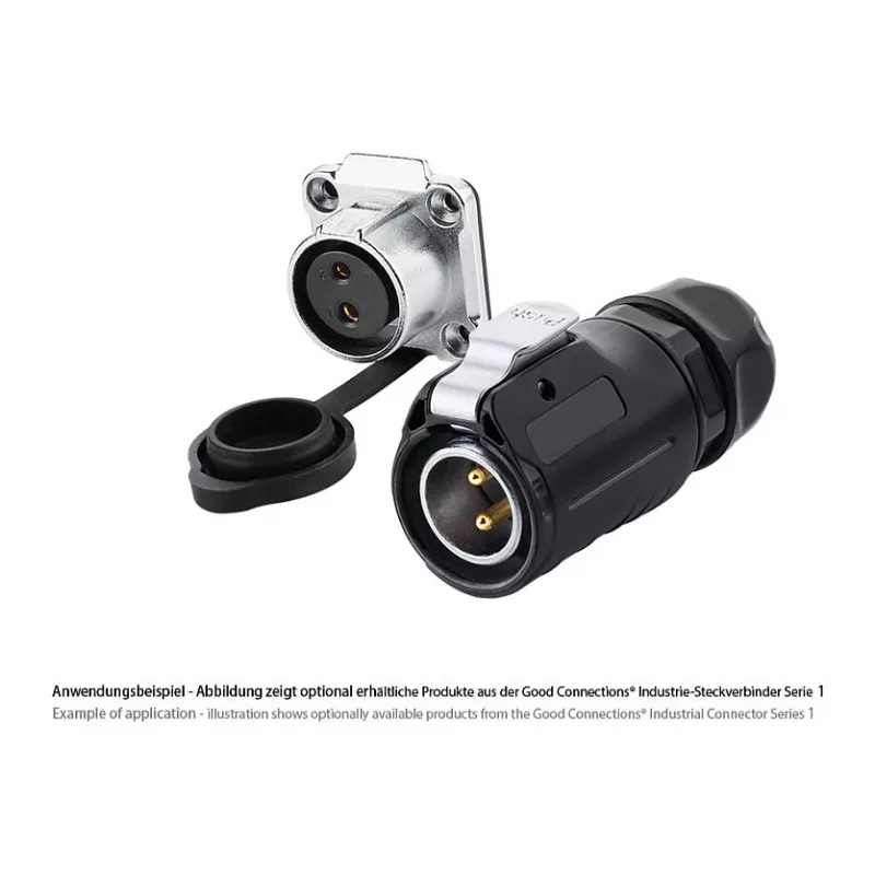 Conector de alimentación industrial Good Connections S1 - 2 pines macho recto - Carcasa metálica - Contactos chapados en oro - IP67 - M20