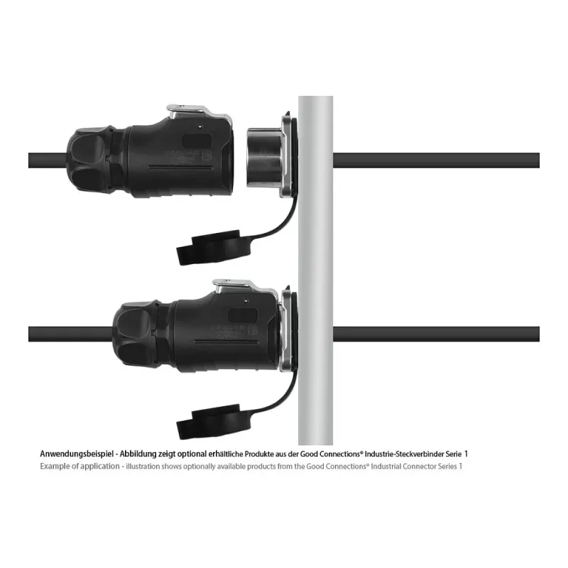 Conector de alimentación industrial Good Connections S1 - 2 pines macho recto - Carcasa metálica - Contactos chapados en oro - IP67 - M20