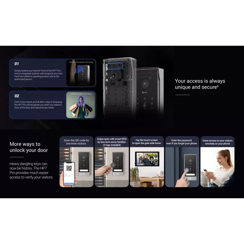 Kit de videoportero IP EZVIZ HP7 Pro 4K con monitor táctil de 7 pulgadas, Wi-Fi 6, escáner de palma, reconocimiento facial, RFID, estación de puerta IP65