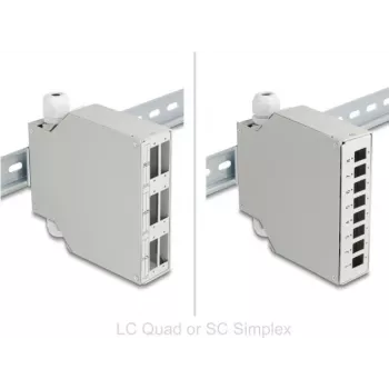 Panel de parcheo de fibra óptica Delock 6 puertos para SC dúplex y LC cuádruple con panel alternativo 8 x SC simplex o LC dúplex gris montaje en carril DIN (86095)