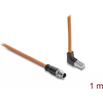 Delock cable de M12 a RJ45 codificación X 8 polos macho recto - macho acodado hacia arriba S/FTP apantallado Cat.6A 1 m naranja