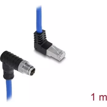 Delock cable Ethernet industrial Cat.6A S/FTP M12 X-coded 8 polos macho acodado hacia abajo - RJ45 macho acodado hacia arriba 1 m azul