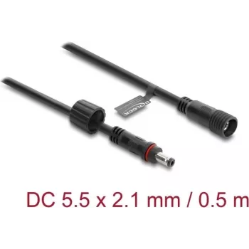Delock cable alargador DC 5,5 x 2,1 mm macho a hembra con cierre de rosca M12 x 1,75 mm estanco 18 AWG, 0,5 m negro