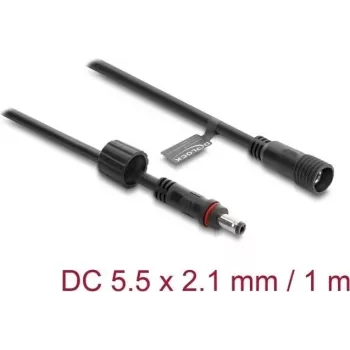 Delock cable alargador DC 5,5 x 2,1 mm macho a hembra con cierre de rosca rosca M12 x 1,75 mm estanco 18 AWG, 1 m negro
