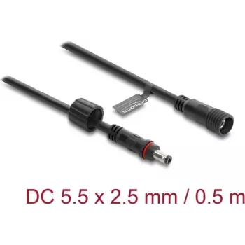 Delock cable alargador DC 5,5 x 2,5 mm macho a hembra con cierre de rosca rosca M12 x 1,75 mm estanco 18 AWG, 0,5 m negro (67385)