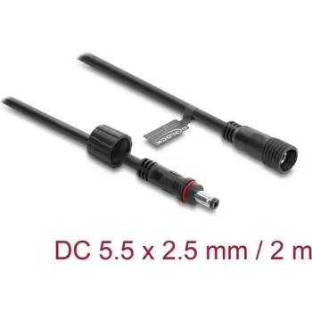 Delock cable alargador DC 5,5 x 2,5 mm macho a hembra con cierre de rosca M12 x 1,75 mm estanco 18 AWG, 2 m negro