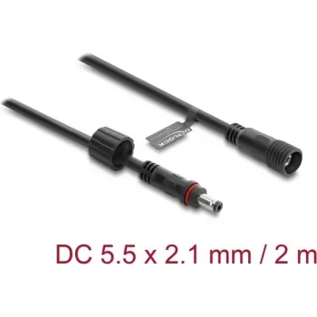 Delock Cable de extensión DC 5,5 x 2,1 mm conector macho a conector hembra con bloqueo de rosca M12 x 1,75 mm estanco 18 AWG, 2 m negro (67384)