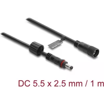 Delock cable alargador DC 5,5 x 2,5 mm macho a hembra con cierre de rosca rosca M12 x 1,75 mm estanco 18 AWG, 1 m negro (67386)