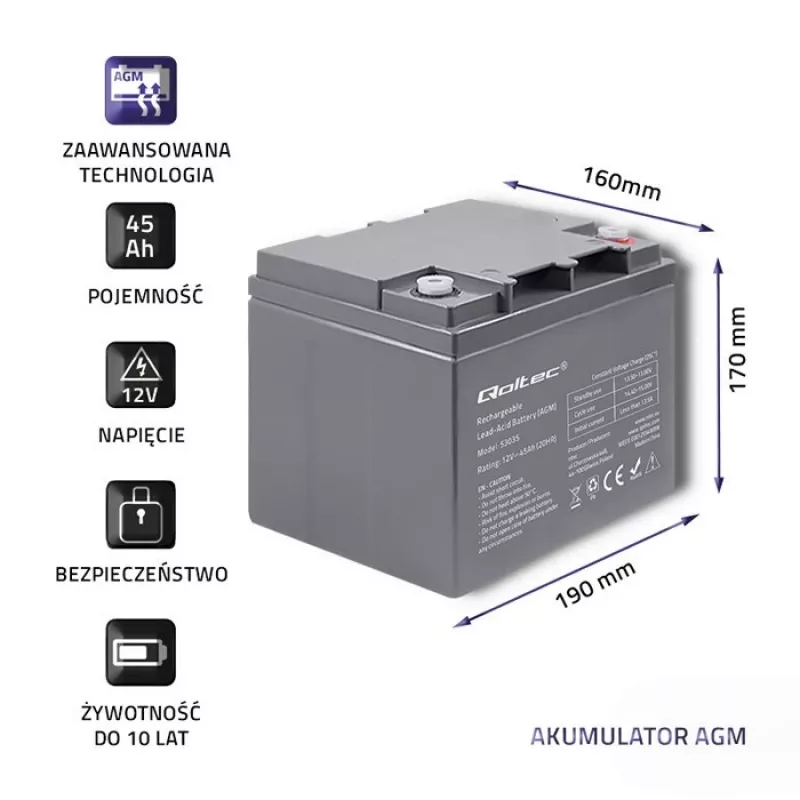 Qoltec 53035 Batería AGM 12V 45Ah 540A