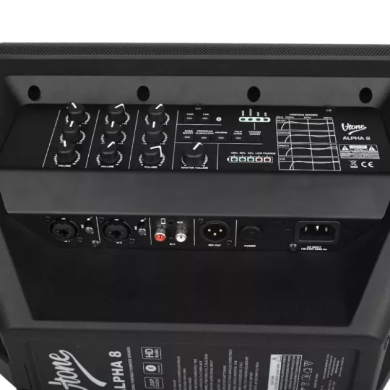 V-TONE ALPHA 8 Sistema de PA de columna activo con batería y mesa de mezclas integrada, 300W RMS, woofer de 8 pulgadas, Bluetooth, USB/SD, Hall