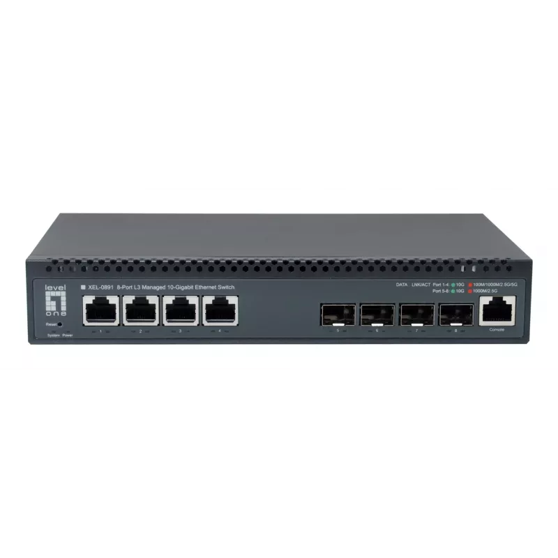 LevelOne switch gestionado L3 de 8 puertos 10 Gigabit, 4 x 1G/2.5G/5G/10G RJ45, 4 x 1G/2.5G/5G/10G SFP+ Uplinks