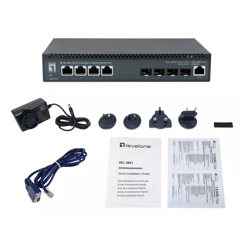 LevelOne switch gestionado L3 de 8 puertos 10 Gigabit, 4 x 1G/2.5G/5G/10G RJ45, 4 x 1G/2.5G/5G/10G SFP+ Uplinks