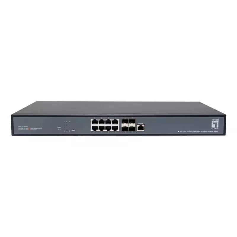 LevelOne switch gestionado L3 de 12 puertos 10 Gigabit, 8 x 1G/2.5G/5G/10G RJ45, 4 x 1G/2.5G/5G/10G SFP+ Uplinks, 240Gbps Non-Blocking Fabric, montaje en rack 19