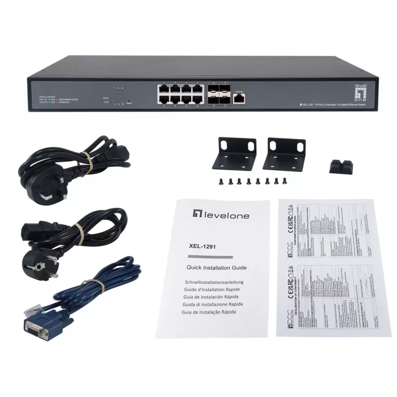 LevelOne switch gestionado L3 de 12 puertos 10 Gigabit, 8 x 1G/2.5G/5G/10G RJ45, 4 x 1G/2.5G/5G/10G SFP+ Uplinks, 240Gbps Non-Blocking Fabric, montaje en rack 19