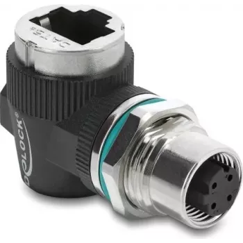 Delock adaptador M12 codificación D 4 pines conector hembra a conector hembra RJ45 montaje en panel 90° en ángulo