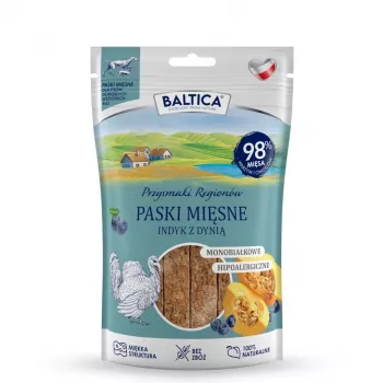 BALTICA Przysmaki Regionów tiras de carne pavo con calabaza – snacks para perros – 90 g