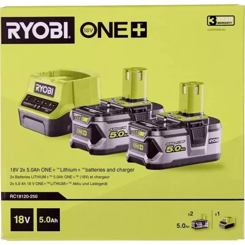 RYOBI RC18120-250 Set de 2 baterías Lithium+ 18V 5,0Ah con cargador compacto