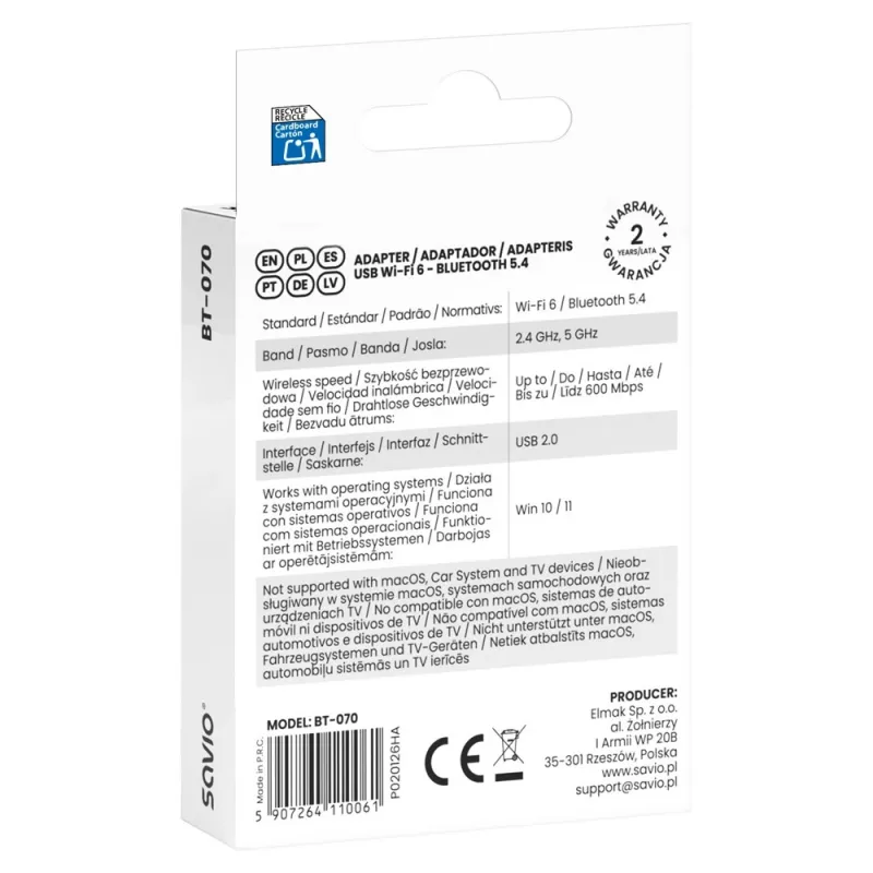 Savio BT-070 adaptador USB Wi-Fi 6 y Bluetooth 5.4