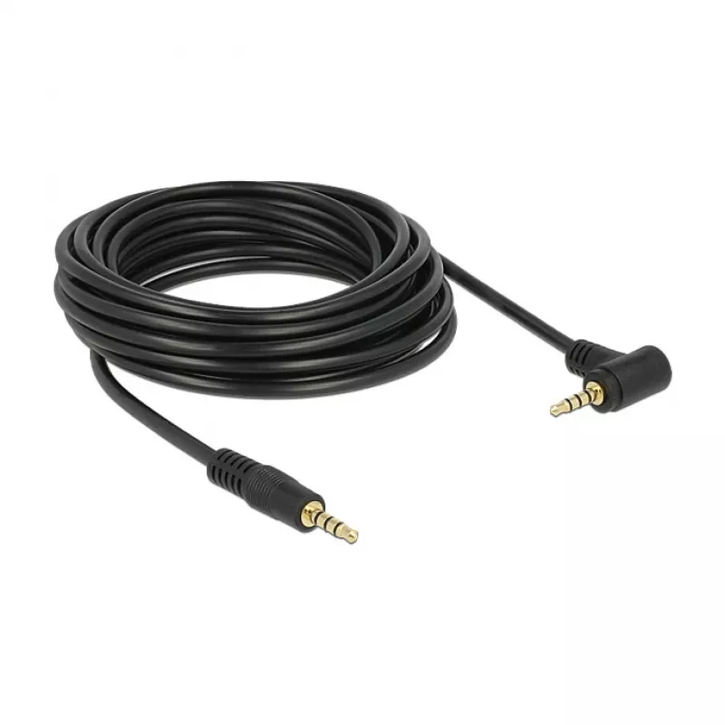 Delock Cable de audio jack estéreo de 3,5 mm 4 pines, macho a macho, acodado, 5 m, negro