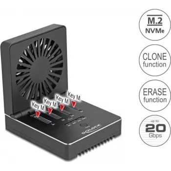 Delock estación de acoplamiento USB 20 Gbps M.2 para 4 SSD M.2 NVMe PCIe con función de clonación y borrado