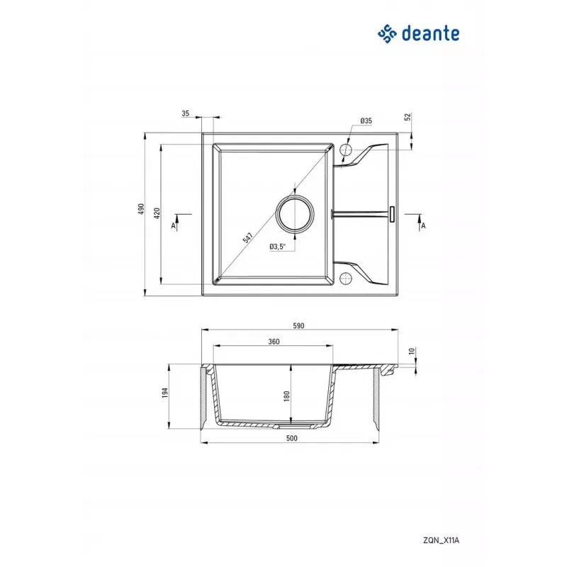 Fregadero de granito de 1 cubeta con escurridor DEANTE Graphite Metallic Andante