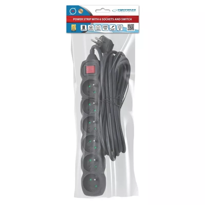 ESPERANZA ELK219K Alargador de corriente 5 m 6 tomas de CA para interior negro