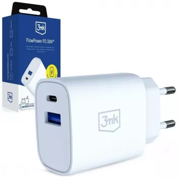 Cargador de pared 3MK FlowPower 30W USB-A USB-C PD 3.0 QC 4+ Blanco