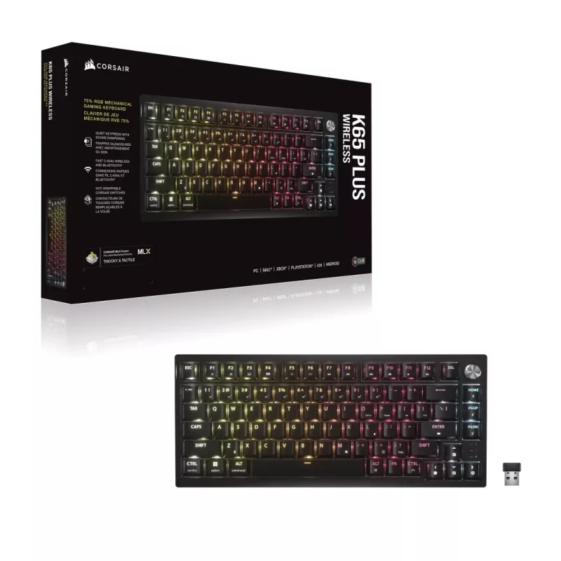 CORSAIR K65 PLUS Wireless 75% Teclado mecánico, Hot-Swappable, interruptores MLX Red Tactile, RGB por tecla, QWERTY inglés, negro