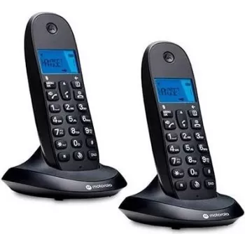 Motorola C1002CB+ Teléfono inalámbrico DECT con 2 auriculares, Negro, pantalla retroiluminada, manos libres, agenda de 50 contactos