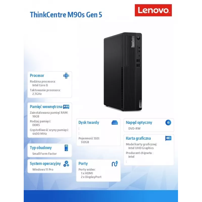 Lenovo ThinkCentre M90s Gen 5 PC de sobremesa SFF, Intel Core i5-14600, 16GB RAM, 512GB SSD, Intel UHD 770, DVD-RW, Wi-Fi, Bluetooth, Windows 11 Pro, negro, 3 años in situ + 1 año Premier Support