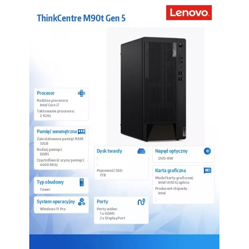 Lenovo ThinkCentre M90t Gen 5 Torre Intel Core i7-14700 32GB 1TB SSD DVD-RW Windows 11 Pro