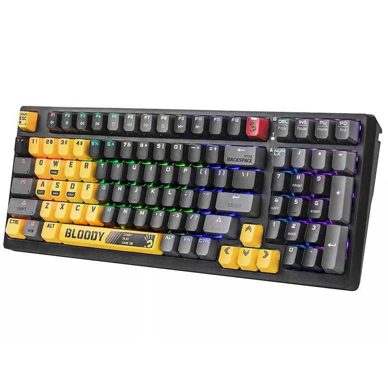 A4Tech Bloody S98 Sports Lime Teclado mecánico, interruptores BLMS Red Plus, 98 teclas compacto, retroiluminación RGB, USB-C extraíble