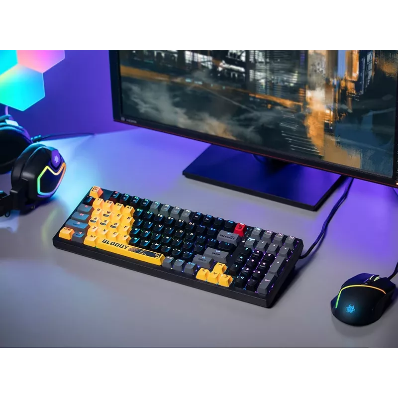 A4Tech Bloody S98 Sports Lime Teclado mecánico, interruptores BLMS Red Plus, 98 teclas compacto, retroiluminación RGB, USB-C extraíble
