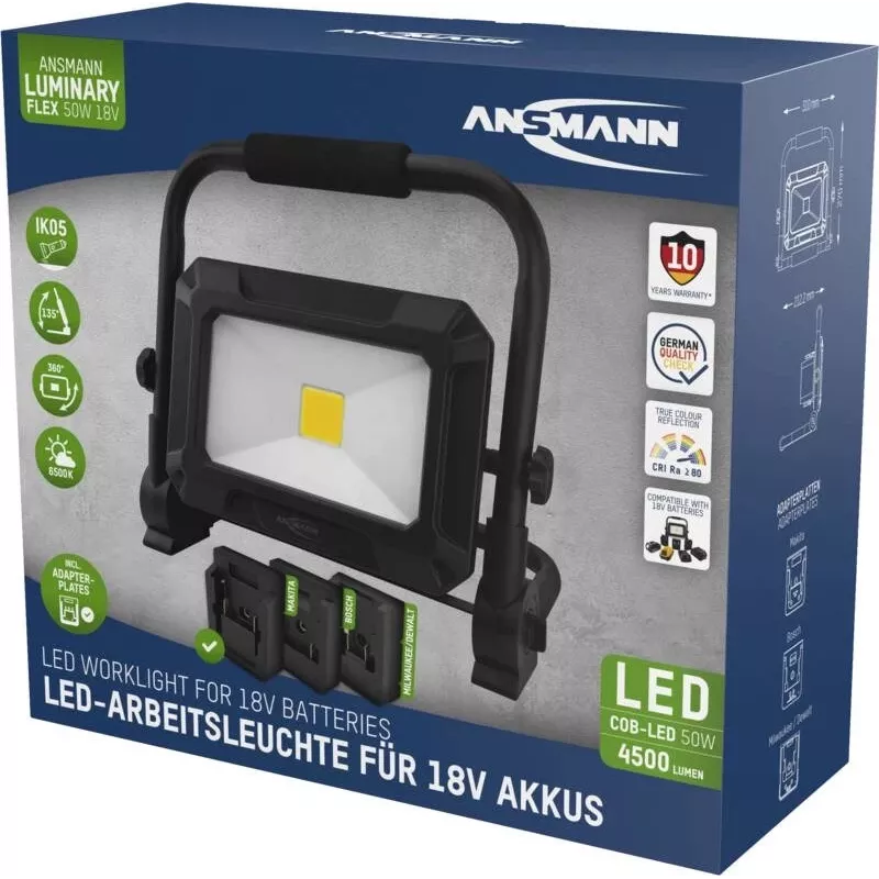 ANSMANN 1600-0713 lámpara de trabajo LED FL50W 18V con baterías y placas adaptadoras