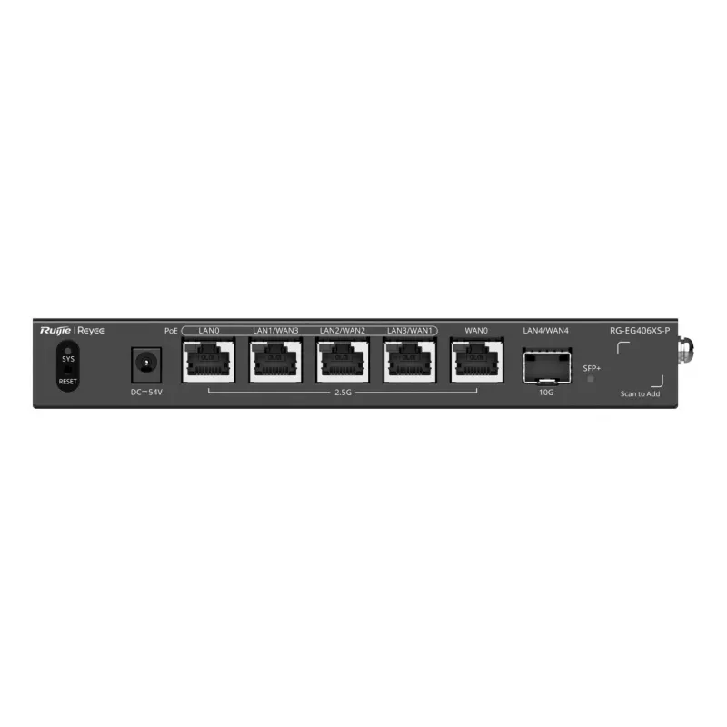 Ruijie Reyee RG-EG406XS-P router gateway cloud multi-WAN, 6x 2.5GE RJ45, 1x 10GE SFP+, 4 PoE, VPN, montaje en rack