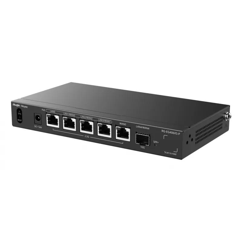 Ruijie Reyee RG-EG406XS-P router gateway cloud multi-WAN, 6x 2.5GE RJ45, 1x 10GE SFP+, 4 PoE, VPN, montaje en rack