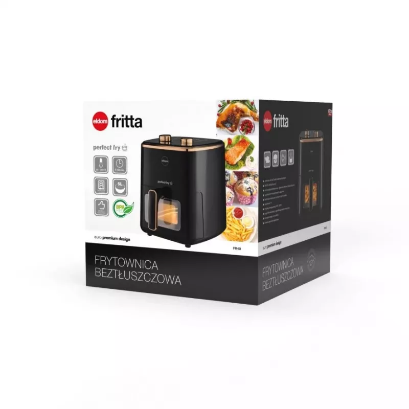 Freidora sin aceite ELDOM FRITTA 5,0 L temperatura ajustable, temporizador 1500 W, individual 5 L, freidora de aire independiente, negra