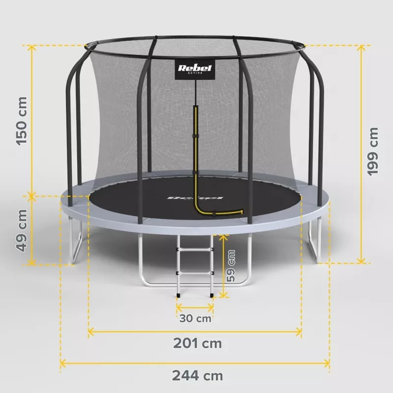 REBEL Active Trampolín PRO 8ft/244cm con red de seguridad y escalera
