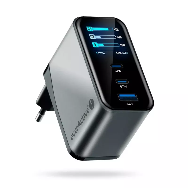 EVERACTIVE SC-670Q Cargador GaN 67W USB-C con 2x USB-C y 1x USB-A, Quick Charge 4+, PD 3.0, Negro